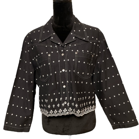 Vintage, PG Collections Ginger Bort, Black Jean Jacket,White Embroidered Flowers - Picture 2 of 7